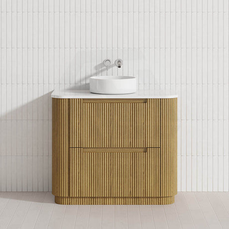 750-1800mm Aulic Varcelli Fluted Curved Freestanding Vanity with Kickboard Finger Pull Drawers Harvest Oak