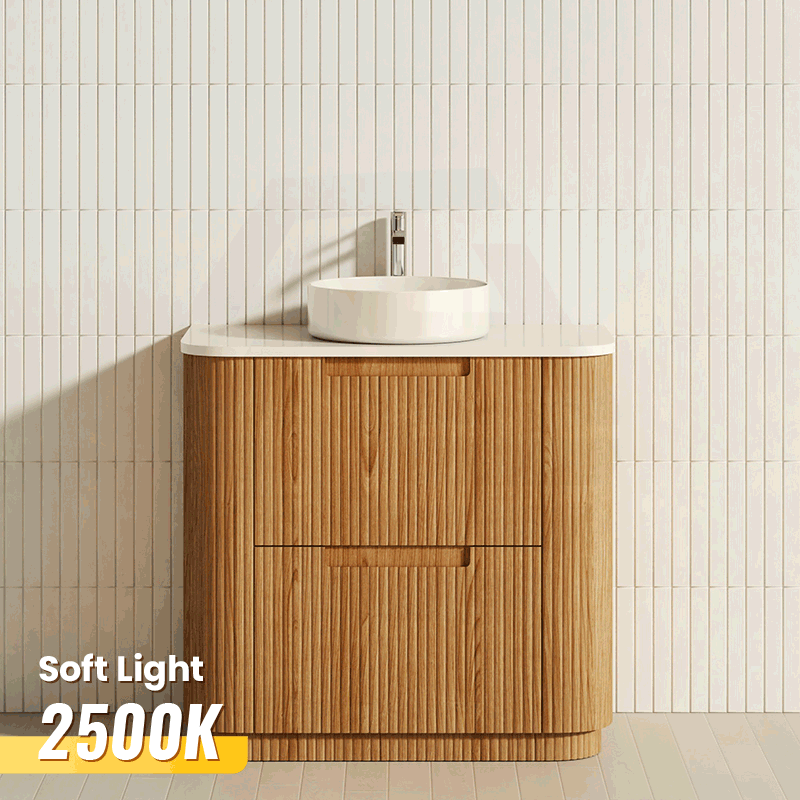 750-1800mm Aulic Varcelli Fluted Curved Freestanding Vanity with Kickboard Finger Pull Drawers Harvest Oak
