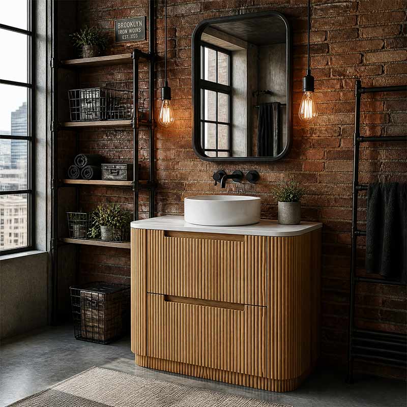 Aulic Varcelli Fluted Curved Freestanding Vanity with Kickboard Finger Pull Drawers 900mm - Harvest Oak