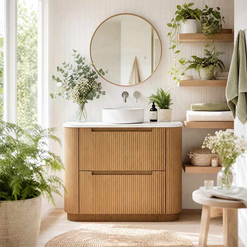 Aulic Varcelli Fluted Curved Freestanding Vanity with Kickboard Finger Pull Drawers 900mm - Harvest Oak