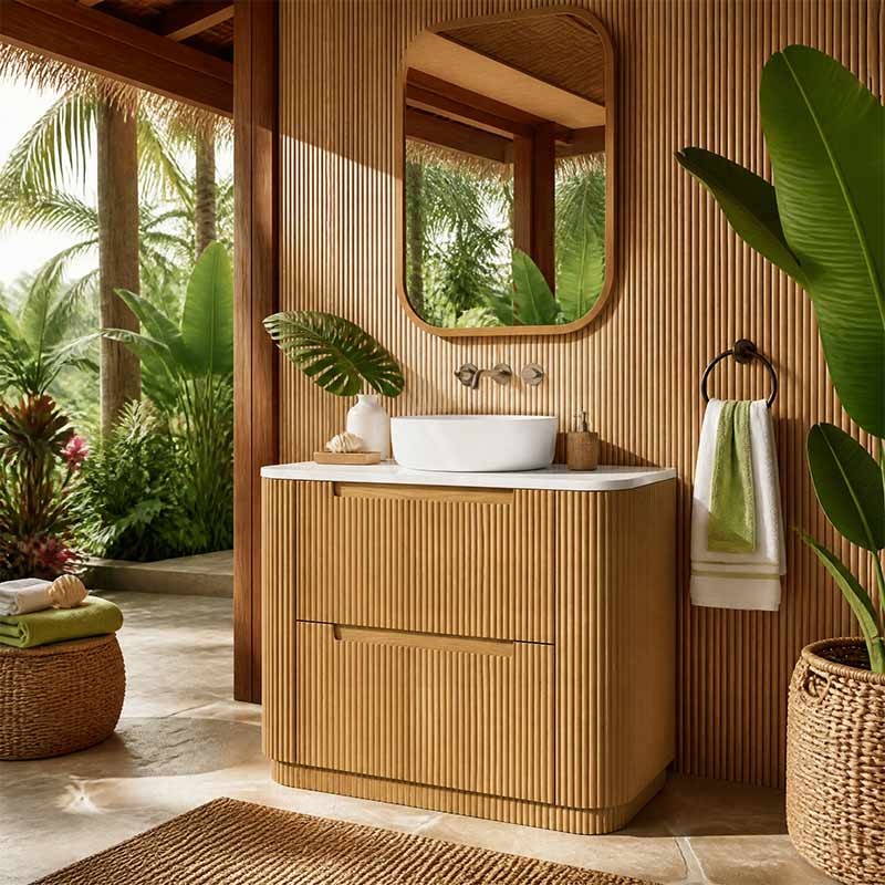 Aulic Varcelli Fluted Curved Freestanding Vanity with Kickboard Finger Pull Drawers 900mm - Harvest Oak