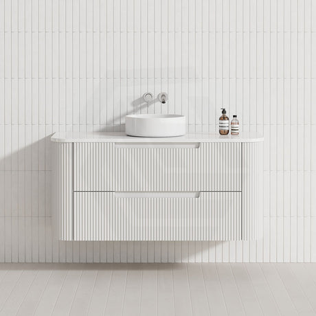 750-1800mm Aulic Curva Wall Hung Vanity Finger Pull Drawer Timber Plywood Matt White Stone Top