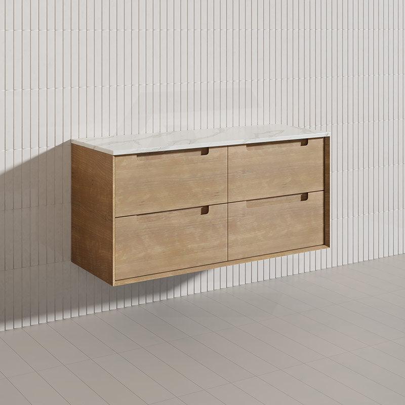 1200mm Aulic Moreno Single Bowl Wall Hung Vanity Natural Timber Grains Carita Finish & Stone Top Bathroom Available