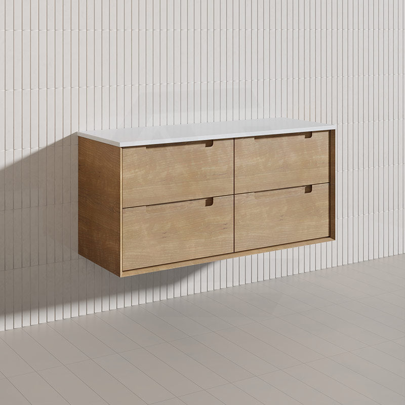 1200mm Aulic Moreno Single Bowl Wall Hung Vanity Natural Timber Grains Carita Finish & Stone Top Bathroom Available