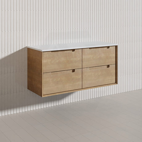 1200mm Aulic Moreno Single Bowl Wall Hung Vanity Natural Timber Grains Carita Finish & Stone Top Bathroom Available