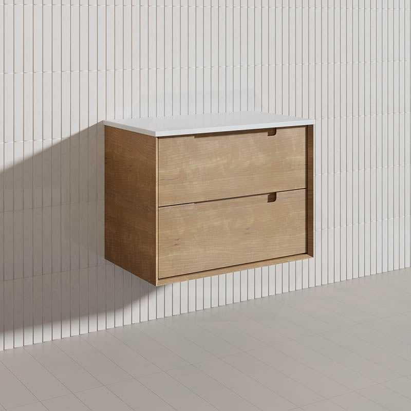 750mm Aulic Moreno Wall Hung Vanity Natural Timber Grains Carita Finish & Stone Top Bathroom Available