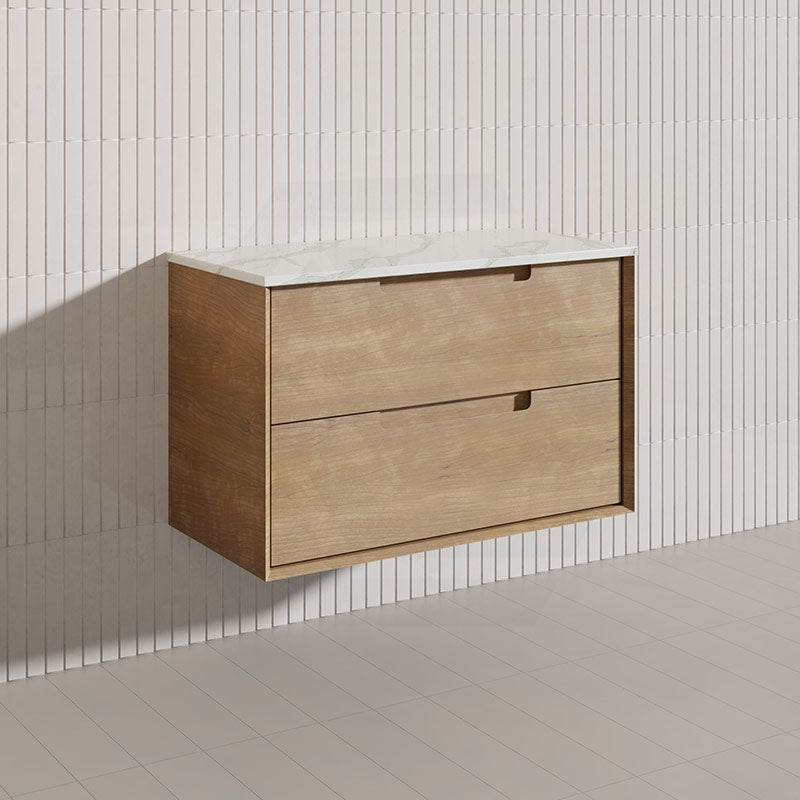900mm Aulic Moreno Wall Hung Vanity Natural Timber Grains Carita Finish & Stone Top Bathroom Available