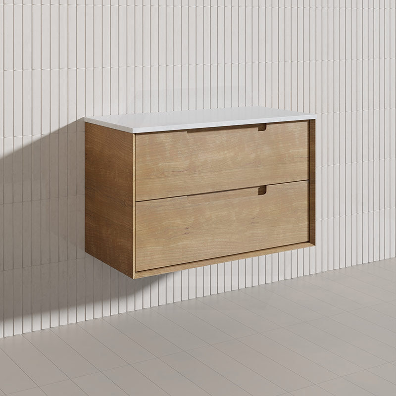 900mm Aulic Moreno Wall Hung Vanity Natural Timber Grains Carita Finish & Stone Top Bathroom Available