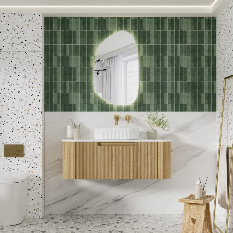 Aulic Varcelli Mono 750-1800mm Curved Warm Harvest Oak V-groove Wall Hung Vanity with Finger Pull Drawers