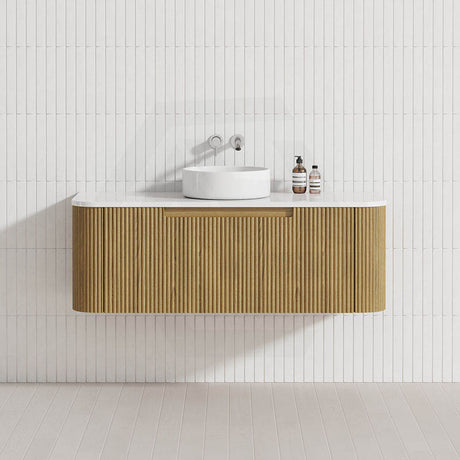 Aulic Varcelli Mono 750-1800mm Curved Warm Harvest Oak V-groove Wall Hung Vanity with Finger Pull Drawers