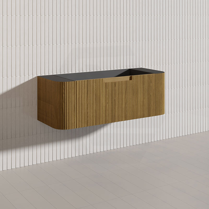 Aulic Varcelli Mono 1200mm Curved Warm Harvest Oak V-groove Wall Hung Vanity Single Bowl ONLY with Finger Pull Drawers