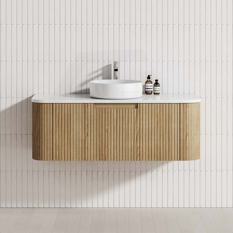 Aulic Varcelli Mono 750-1800mm Curved Warm Harvest Oak V-groove Wall Hung Vanity with Finger Pull Drawers