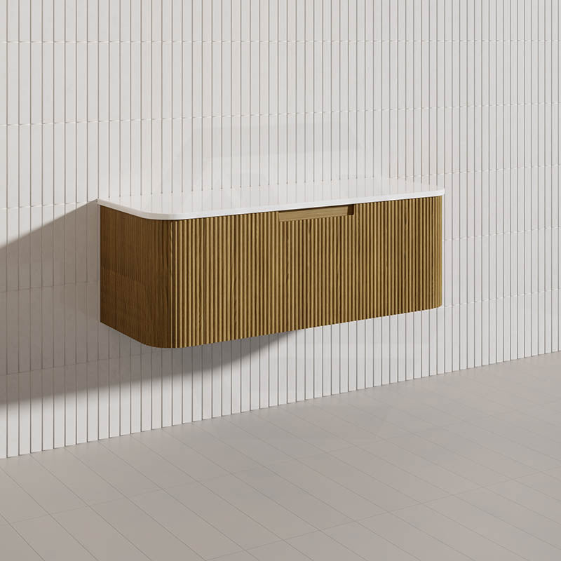 Aulic Varcelli Mono 1200mm Curved Warm Harvest Oak V-groove Wall Hung Vanity Single Bowl ONLY with Finger Pull Drawers