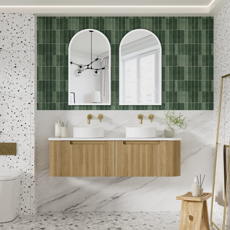 Aulic Varcelli Mono 750-1800mm Curved Warm Harvest Oak V-groove Wall Hung Vanity with Finger Pull Drawers
