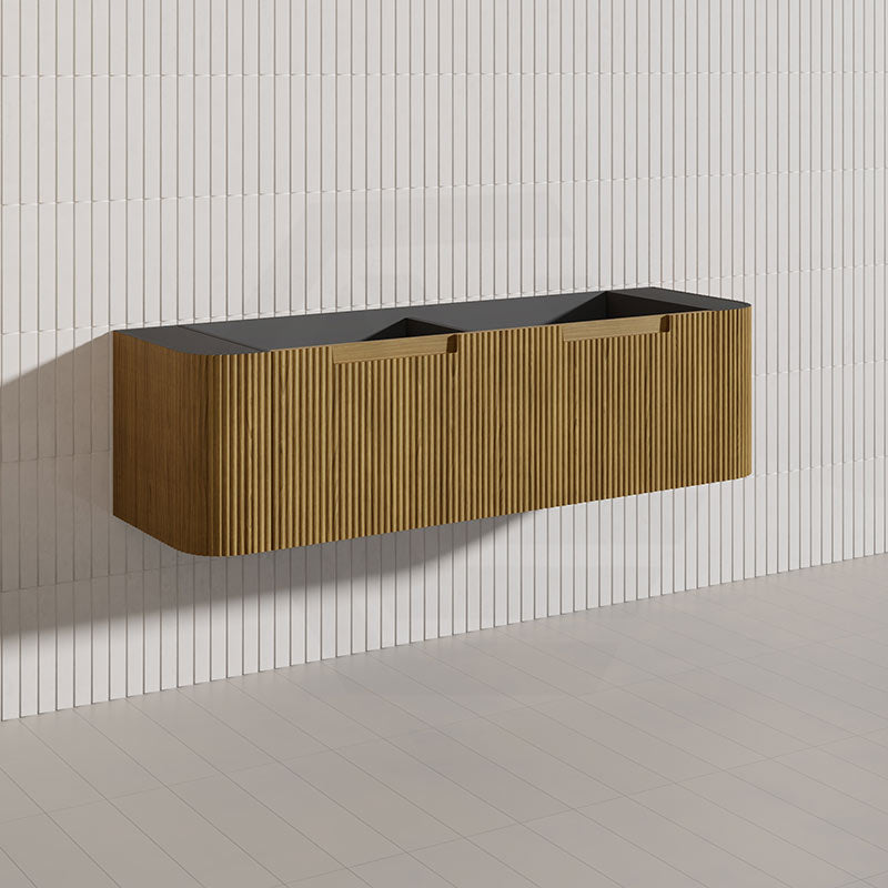 Aulic Varcelli Mono 1500mm Single/Double Bowls Curved Warm Harvest Oak V-groove Wall Hung Vanity with Finger Pull Drawers