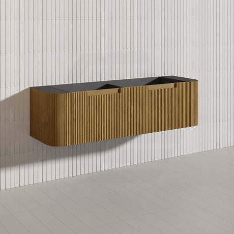Aulic Varcelli Mono 1500mm Single/Double Bowls Curved Warm Harvest Oak V-groove Wall Hung Vanity with Finger Pull Drawers