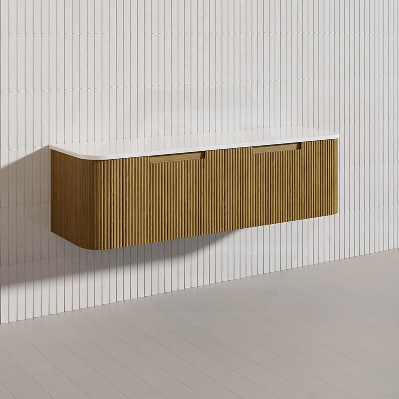 Aulic Varcelli Mono 1500mm Single/Double Bowls Curved Warm Harvest Oak V-groove Wall Hung Vanity with Finger Pull Drawers