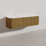 Aulic Varcelli Mono 1500mm Single/Double Bowls Curved Warm Harvest Oak V-groove Wall Hung Vanity with Finger Pull Drawers