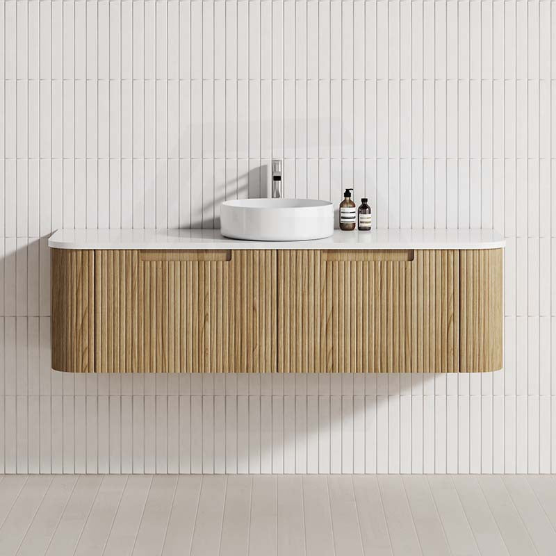 Aulic Varcelli Mono 750-1800mm Curved Warm Harvest Oak V-groove Wall Hung Vanity with Finger Pull Drawers