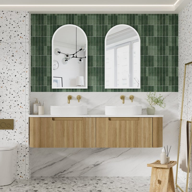 Aulic Varcelli Mono 750-1800mm Curved Warm Harvest Oak V-groove Wall Hung Vanity with Finger Pull Drawers