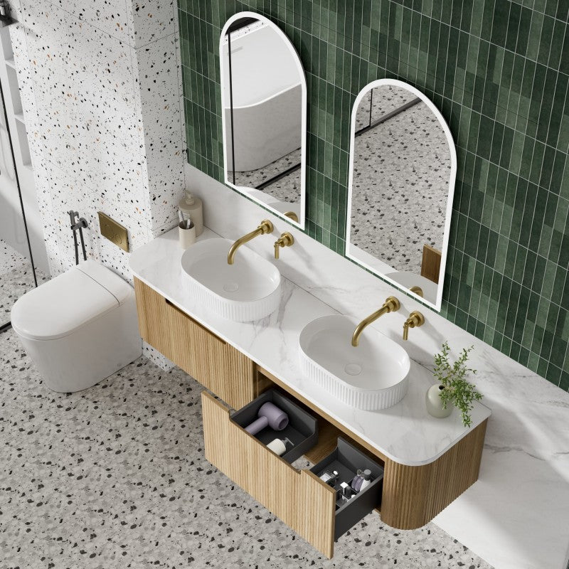 Aulic Varcelli Mono 750-1800mm Curved Warm Harvest Oak V-groove Wall Hung Vanity with Finger Pull Drawers