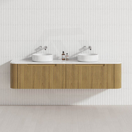 Aulic Varcelli Mono 750-1800mm Curved Warm Harvest Oak V-groove Wall Hung Vanity with Finger Pull Drawers