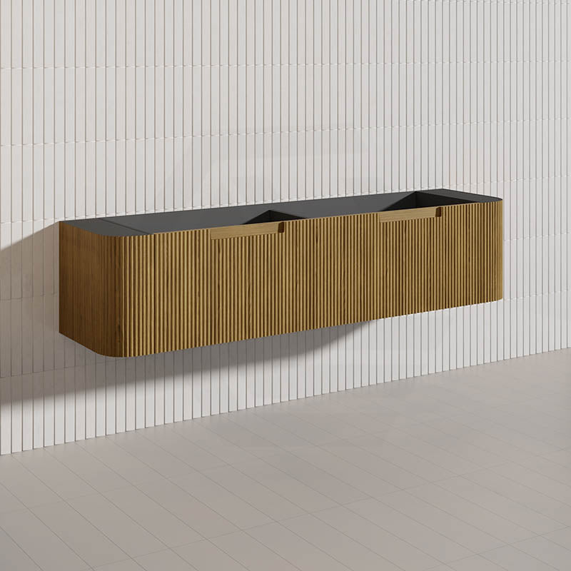 Aulic Varcelli Mono 1800mm Single/Double Bowls Curved Warm Harvest Oak V-groove Wall Hung Vanity with Finger Pull Drawers
