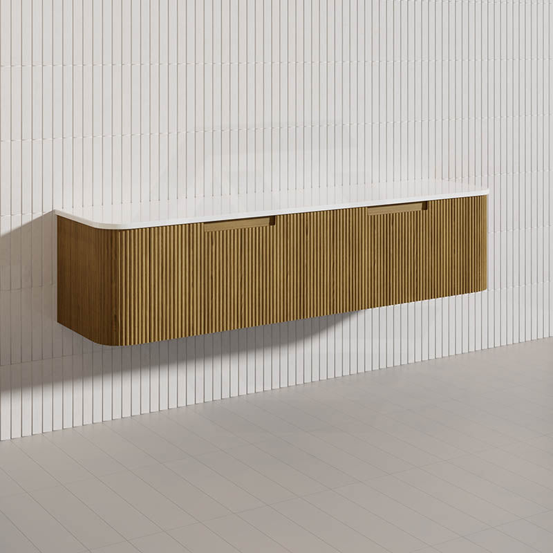Aulic Varcelli Mono 1800mm Single/Double Bowls Curved Warm Harvest Oak V-groove Wall Hung Vanity with Finger Pull Drawers