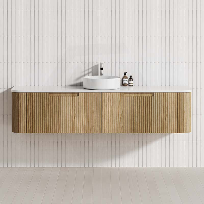 Aulic Varcelli Mono 750-1800mm Curved Warm Harvest Oak V-groove Wall Hung Vanity with Finger Pull Drawers