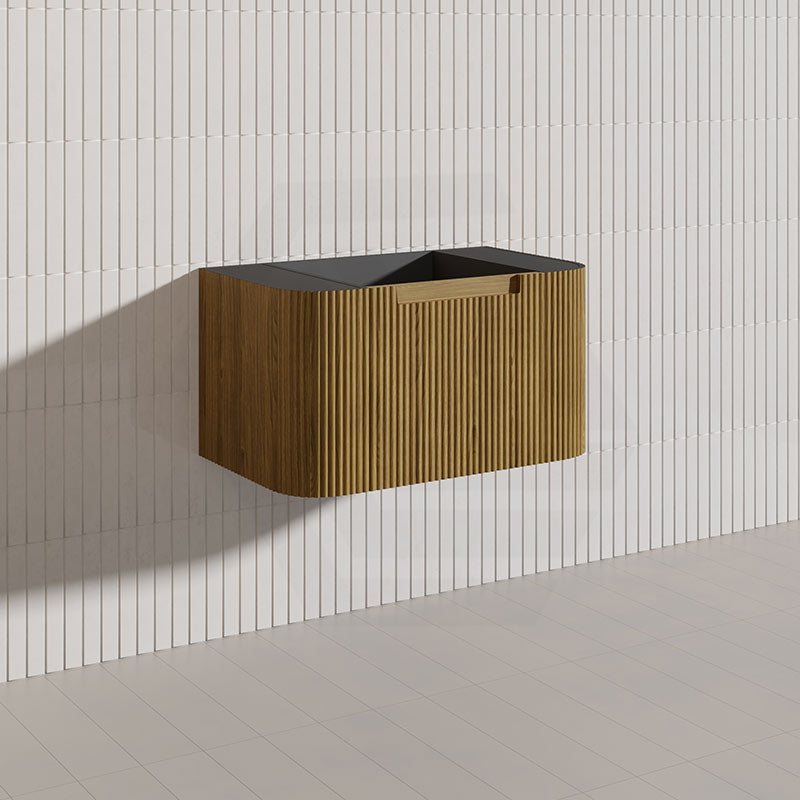 Aulic Varcelli Mono 750mm Curved Warm Harvest Oak V-groove Wall Hung Vanity with Finger Pull Drawers