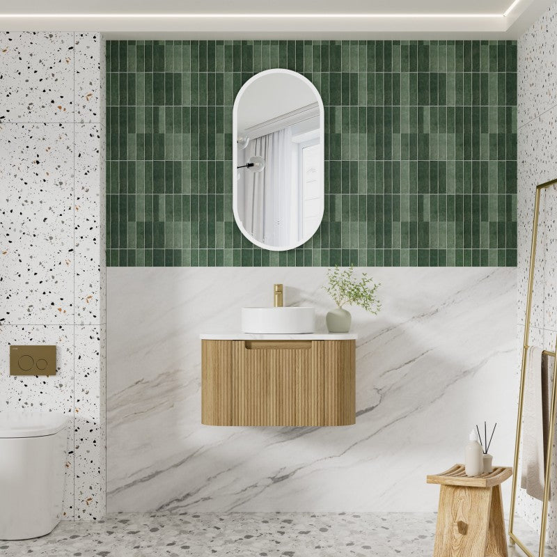 Aulic Varcelli Mono 750-1800mm Curved Warm Harvest Oak V-groove Wall Hung Vanity with Finger Pull Drawers