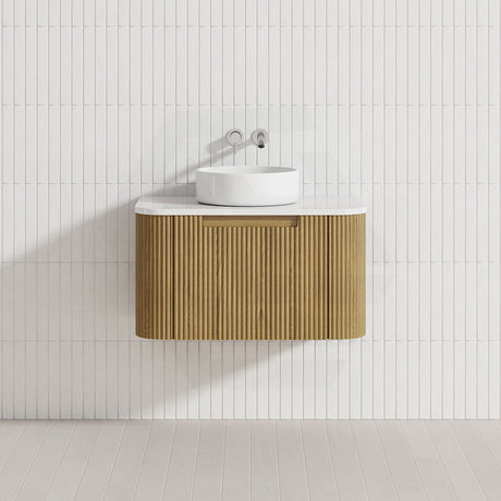 Aulic Varcelli Mono 750-1800mm Curved Warm Harvest Oak V-groove Wall Hung Vanity with Finger Pull Drawers