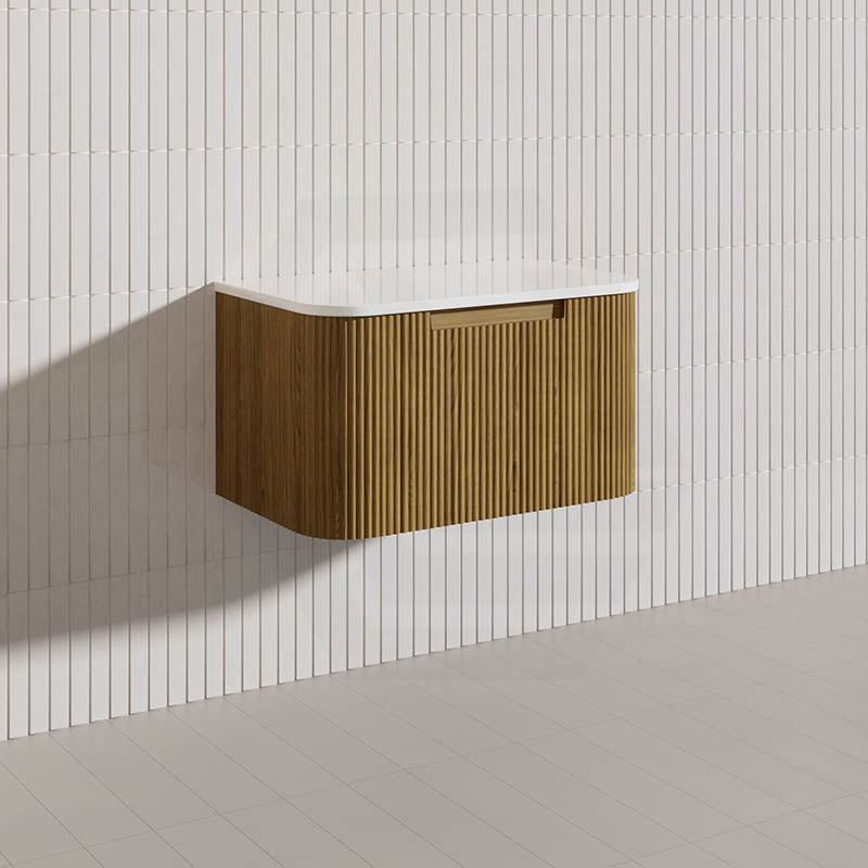 Aulic Varcelli Mono 750mm Curved Warm Harvest Oak V-groove Wall Hung Vanity with Finger Pull Drawers