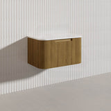 Aulic Varcelli Mono 750mm Curved Warm Harvest Oak V-groove Wall Hung Vanity with Finger Pull Drawers