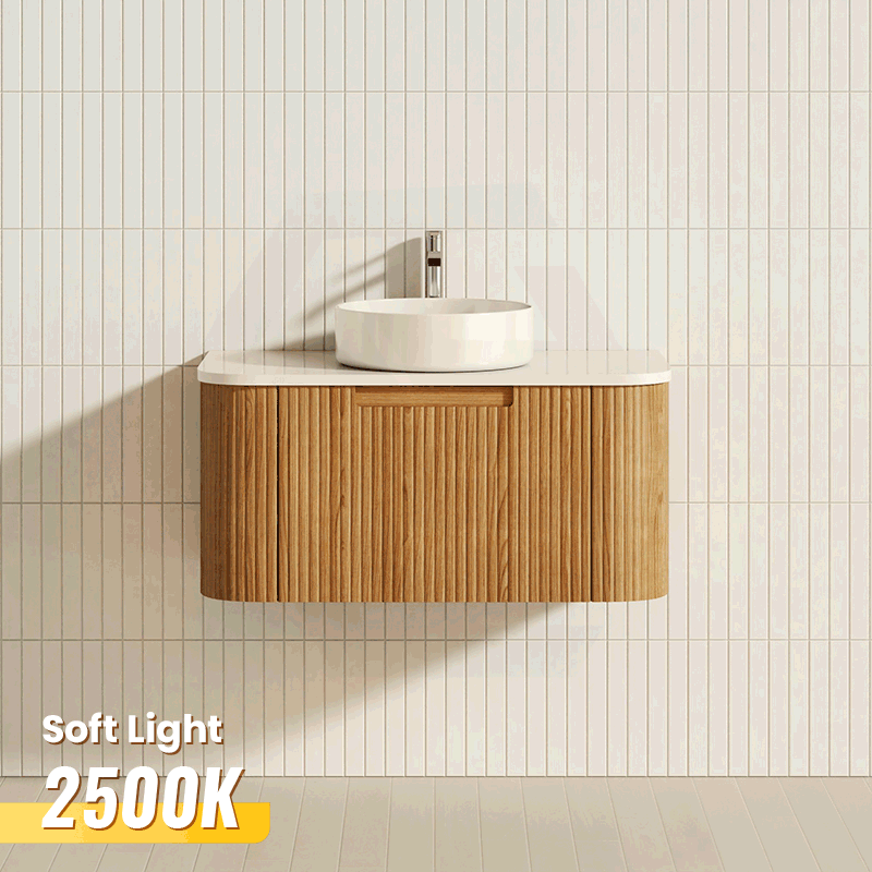 Aulic Varcelli Mono 750-1800mm Curved Warm Harvest Oak V-groove Wall Hung Vanity with Finger Pull Drawers