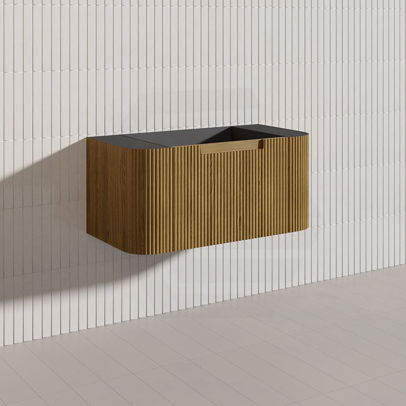 Aulic Varcelli Mono 900mm Curved Warm Harvest Oak V-groove Wall Hung Vanity with Finger Pull Drawers