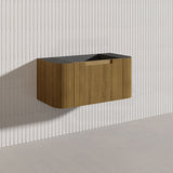Aulic Varcelli Mono 900mm Curved Warm Harvest Oak V-groove Wall Hung Vanity with Finger Pull Drawers