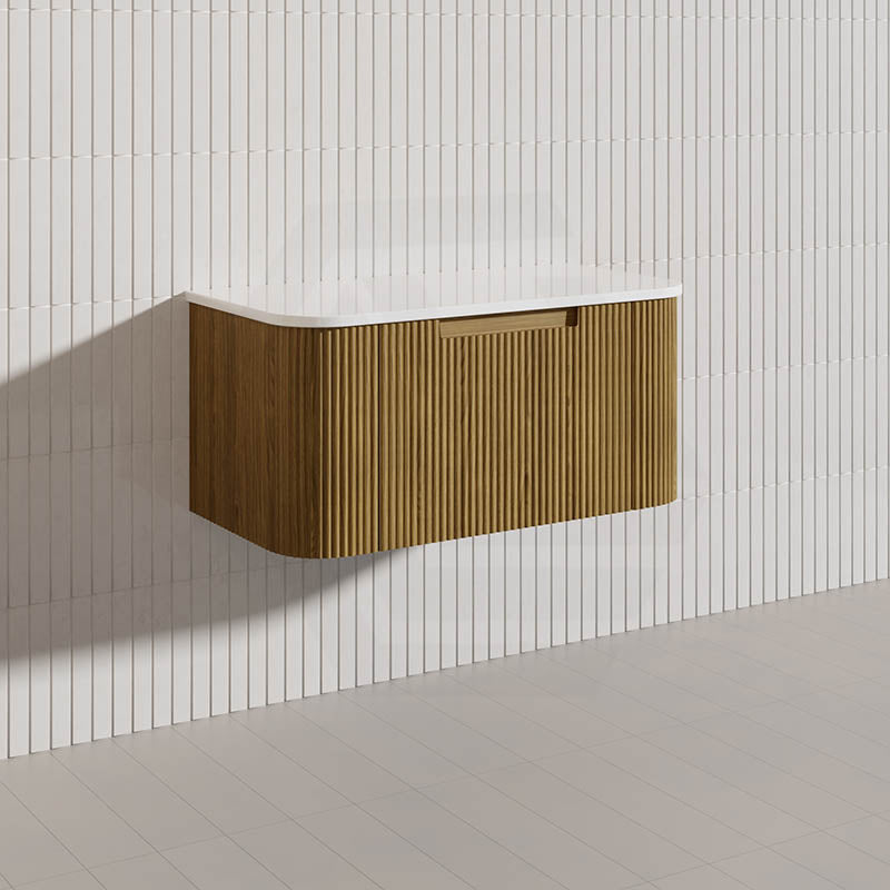 Aulic Varcelli Mono 900mm Curved Warm Harvest Oak V-groove Wall Hung Vanity with Finger Pull Drawers