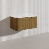 Aulic Varcelli Mono 900mm Curved Warm Harvest Oak V-groove Wall Hung Vanity with Finger Pull Drawers