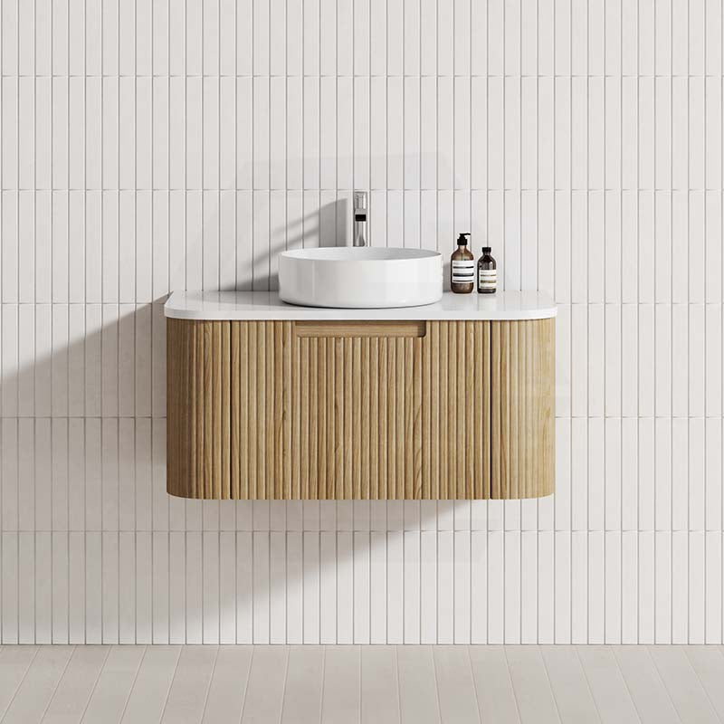 Aulic Varcelli Mono 750-1800mm Curved Warm Harvest Oak V-groove Wall Hung Vanity with Finger Pull Drawers