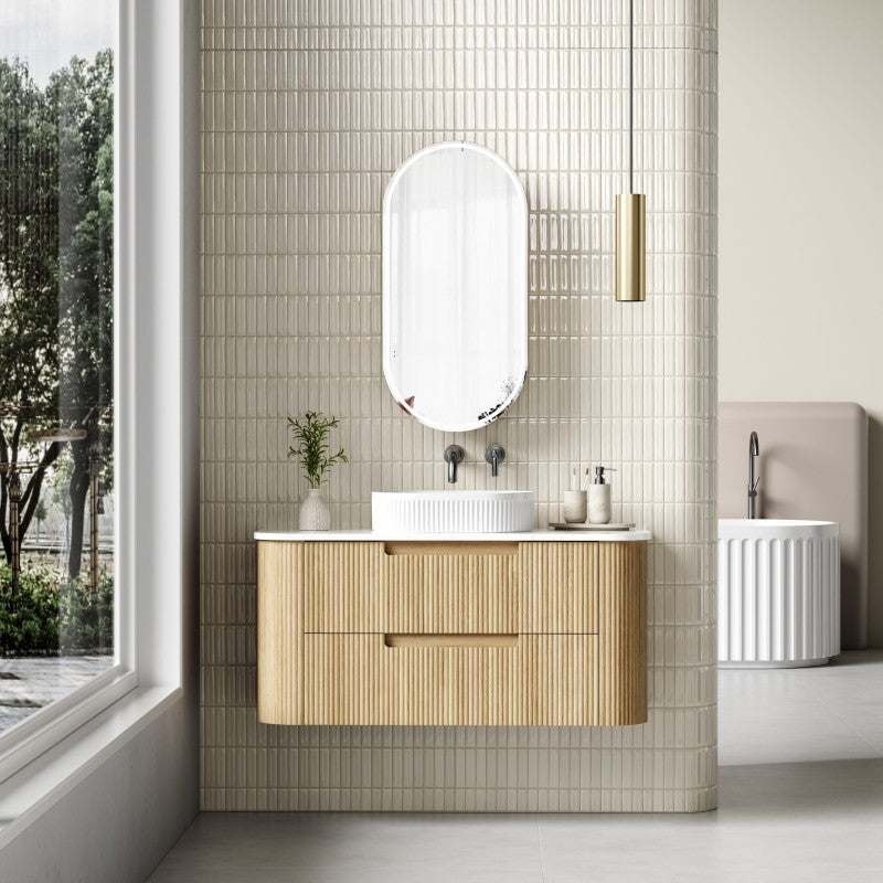 Aulic Varcelli Tier 750-1800mm Curved Ribbed Harvest Oak Wall Hung Vanity with Finger Pull Drawers