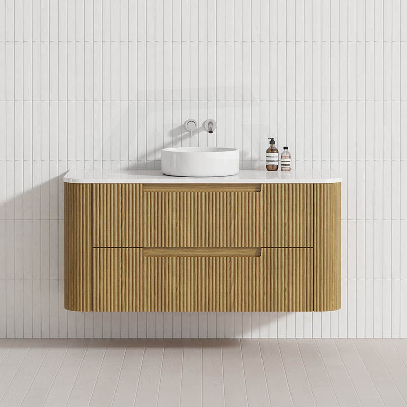 Aulic Varcelli Tier 750-1800mm Curved Ribbed Harvest Oak Wall Hung Vanity with Finger Pull Drawers