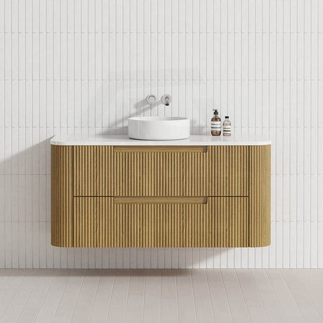 Aulic Varcelli Tier 750-1800mm Curved Ribbed Harvest Oak Wall Hung Vanity with Finger Pull Drawers