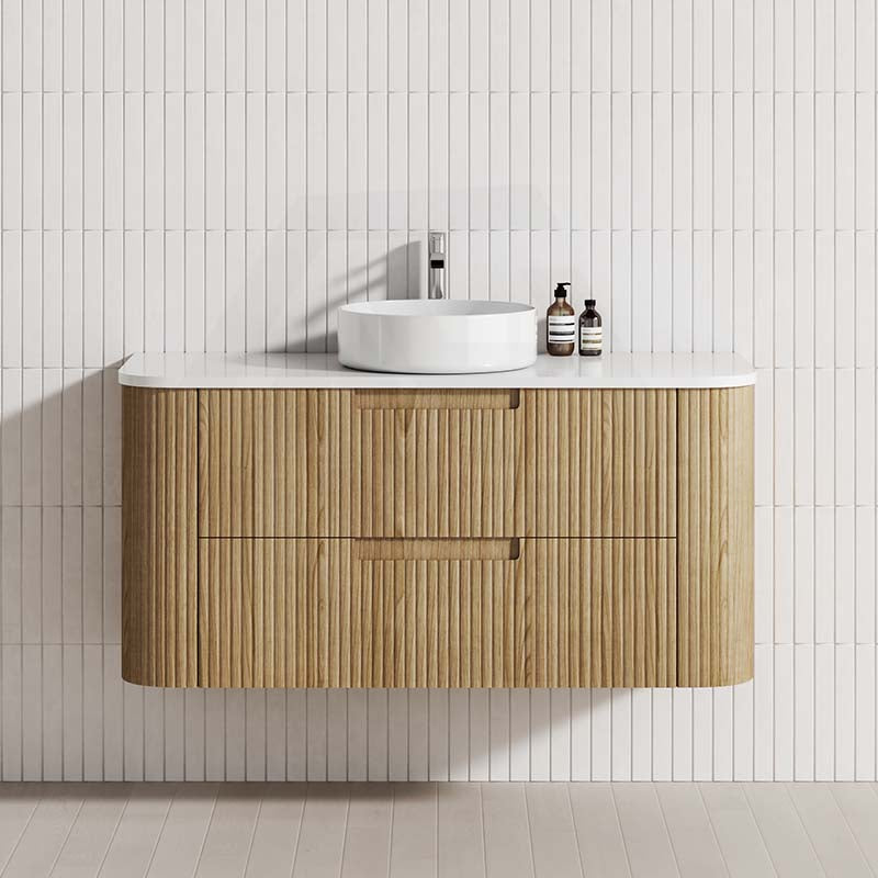 Aulic Varcelli Tier 750-1800mm Curved Ribbed Harvest Oak Wall Hung Vanity with Finger Pull Drawers