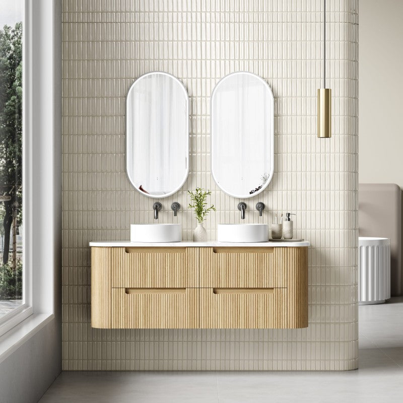 Aulic Varcelli Tier 750-1800mm Curved Ribbed Harvest Oak Wall Hung Vanity with Finger Pull Drawers