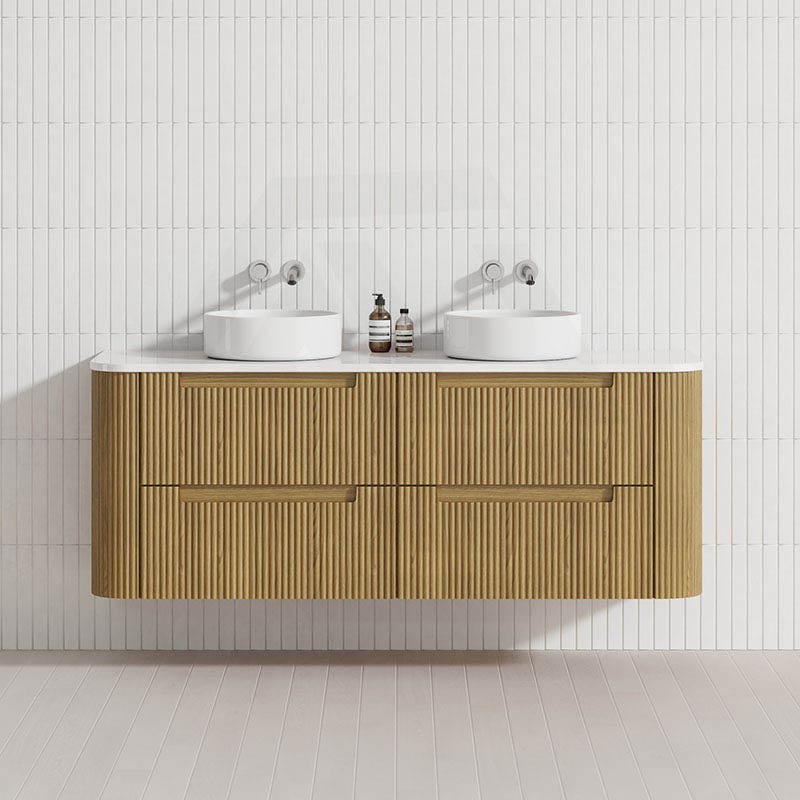 Aulic Varcelli Tier 750-1800mm Curved Ribbed Harvest Oak Wall Hung Vanity with Finger Pull Drawers