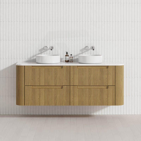 Aulic Varcelli Tier 750-1800mm Curved Ribbed Harvest Oak Wall Hung Vanity with Finger Pull Drawers