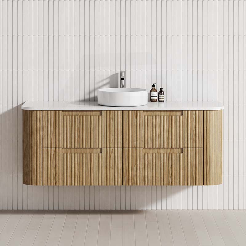 Aulic Varcelli Tier 750-1800mm Curved Ribbed Harvest Oak Wall Hung Vanity with Finger Pull Drawers