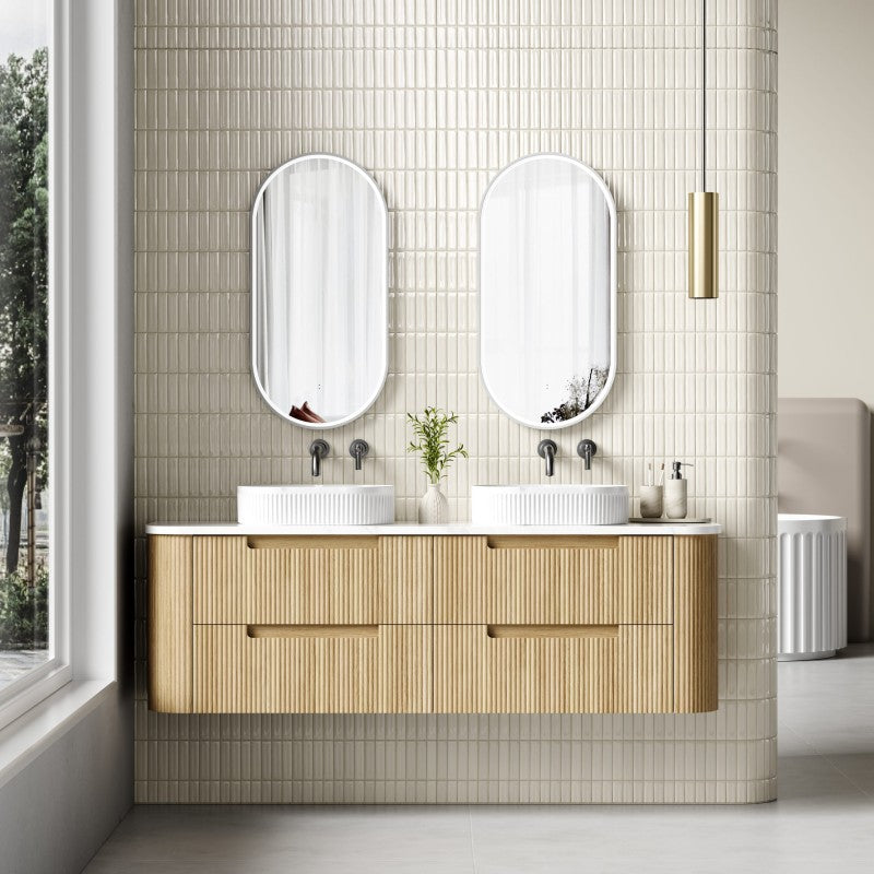 Aulic Varcelli Tier 750-1800mm Curved Ribbed Harvest Oak Wall Hung Vanity with Finger Pull Drawers