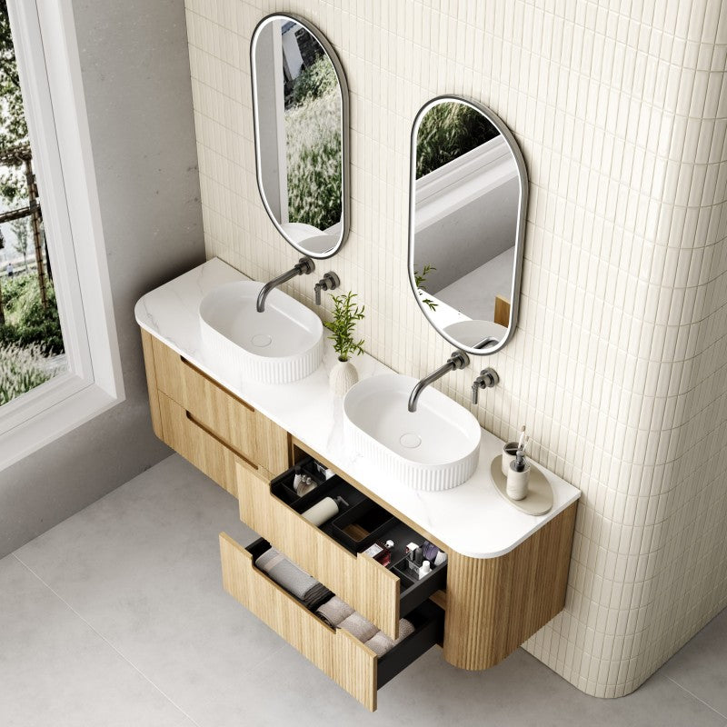 Aulic Varcelli Tier 750-1800mm Curved Ribbed Harvest Oak Wall Hung Vanity with Finger Pull Drawers